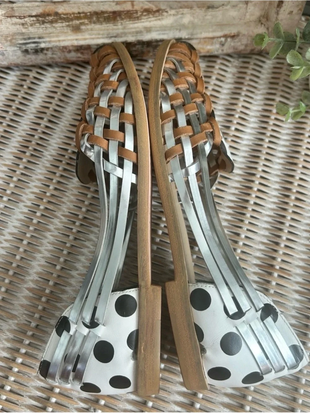 Sophia Webster Silver Metallic Polka Dot Leather Woven Sandals Size 7 Like New